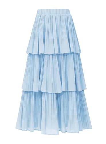 OULESIS Fall Skirts for Women 2025 Ruffle Flowy Tiered Layered Pleated Maxi Skirt Tall Womens Long Flowy High Waist Skirt Spring Party Light Blue - Image 1