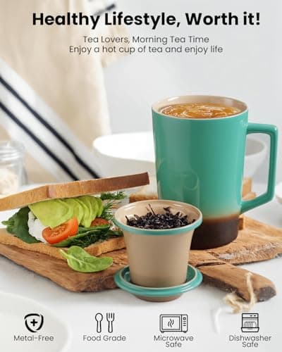 Foinly 15 oz Ceramic Tea Infuser Cup with Lid - Tea Mug with All Porcelain Strainer for Loose Leaf Teas,Microwave and Dishwasher Safe,Metal-Free,BPA-Free for Tea Lovers/Easter Day(Green) - Thumbnail 4