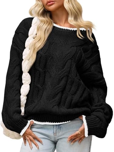 Saodimallsu Womens Oversized Sweater Casual Cable Knit Color Block Crewneck Pullover 2025 Fall Winter Chunky Trendy Sweaters Black - Image 1