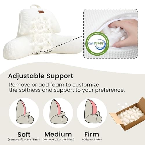 Amélie Home Premium Cooling Waffle Reading Pillow, Qmax>0.37 Ergonomic Back Support with Pocket & Handle, Breathable Lounging Pillow for Bed Sofa Floor Summer, Washable Cover, 17 Inches, Ivory - Thumbnail 4