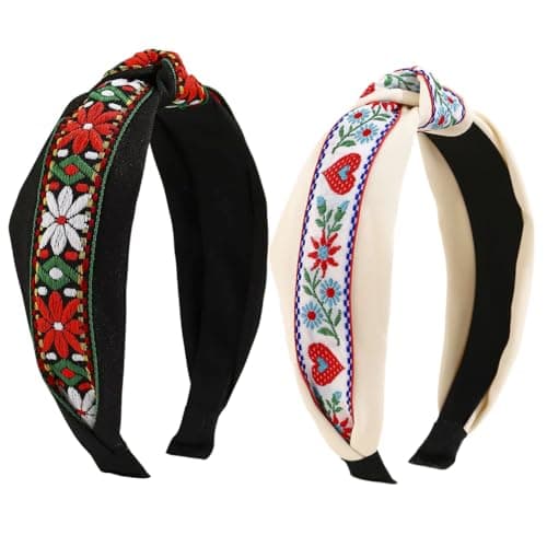 EENSYWEENSY 2 Pack Embroidered Floral Knotted Headbands, Vintage Boho Jacquard Fabric Ribbon Hair Accessory - Image 1