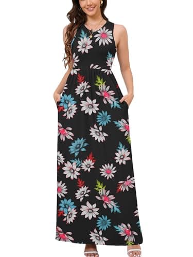 DEARCASE Sleeveless Maxi Dress for Women Floral Black Blue Flowers Small A-line Casual Loose Party Vintage Spring Summer Floor Length Ladies Beach Sundress Vacation Long Flowy Dresses with Pockets - Image 1