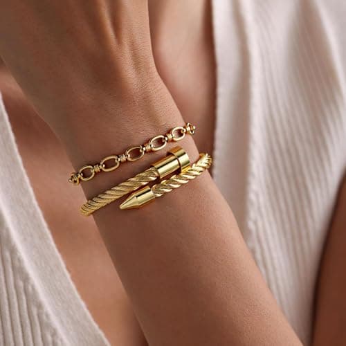 LCTrusttmor Gahna 18K Gold Plated Bracelets Set for Women, Stackable Bangle Bracelet with Adjustable Wristband Chain Set Trendy Jewelry Gifts - Thumbnail 2