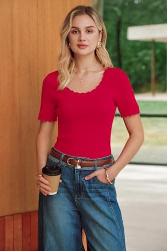 Arach&Cloz Women's 2026 100% Cotton Spring Summer Tops Scoop Neck Short Sleeve Sweater Shirts Pullover Lightweight Soft Cozy Slim Fit Stretchy Business Casual Outfits Work Clothes Trendy Red M - Thumbnail 2