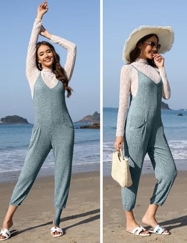 Ekouaer Jumpsuits for Women Sleeveless Spaghetti Strap Ribbed Overall Jumpsuit V Neck Summer Romper with Pockets 2026 Deep Blue M - Thumbnail 5