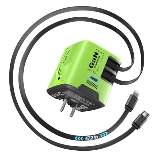 W & O Fast Charger for iPhone17/16/15,60W gan Charger,Retractable Phone Charger Wall Plug with Lightening and Type-C Cables,for iPhone Series, Galaxy S25/24,Android and More（Green） - Image 1