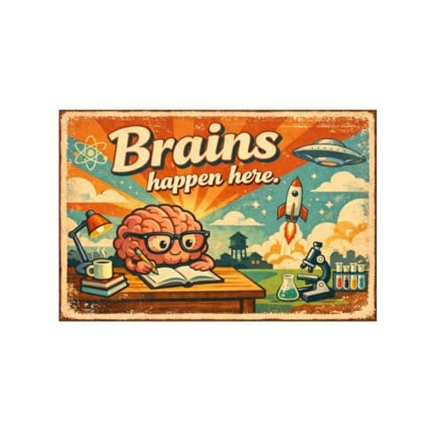 Brains Happen Here Vintage Metal Tin Sign 8x12 Inch Funny Science Quote Wall Decor Retro Cartoon Brain Wall Art for Office Classroom Lab Study Room with Pre Drilled Holes - Image 1