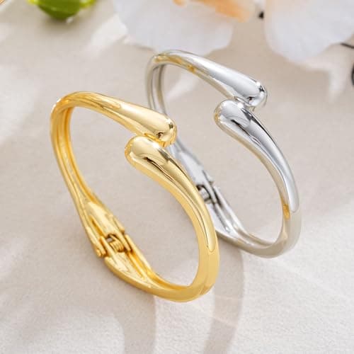 Gold Silver Bangles Bracelet for Women Trendy, 14K Gold Plated Dainty Thick Chunky Cuff Bracelet Stack - Thumbnail 5