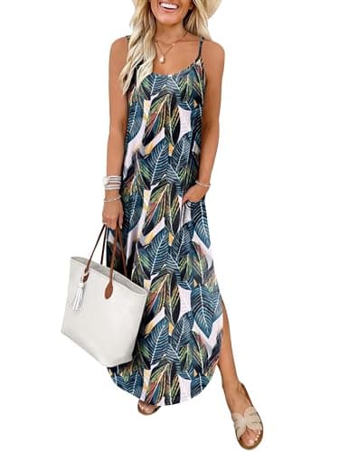 ANRABESS Womens Summer Spaghetti Strap Maxi Dress Beach Cover Up Casual Sleeveless Sundress Vacation Cruise Hawaiian Travel Tropical Leaf Print Small - Image 1