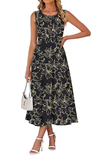 MISFAY Maxi Dresses for Women 2026 Buttons Crewneck Sleeveless Long Beach Sundresses Tropical Floral Summer Shirt Dress(Black Gold Leaf,XL) - Image 1