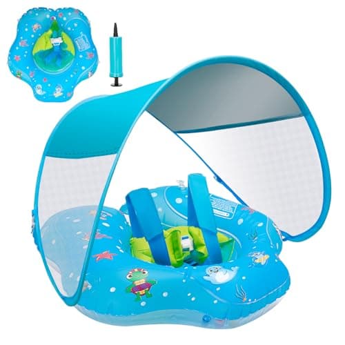 Baby Pool Float with Canopy,UPF50+ Sun Protection, Anti-Flip Double Air Chambers,Infants & Toddlers Swimming Water Float with Safety Seat, 2-in-1 Backstroke& Breaststroke, Suitable for 3-36 Months