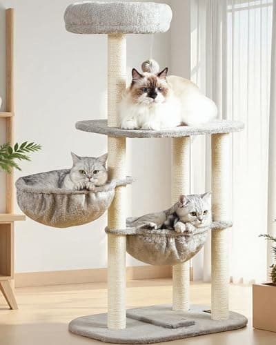 Small Cat Tree Tower with Lots of Scratching Posts - 42 Inch Medium Compact Cats Scratch House with Hammock Perch for Multi Level 2 Kitty - Indoor Corner Cat Bed Condo Climbing Gym Towers Furniture - Image 1