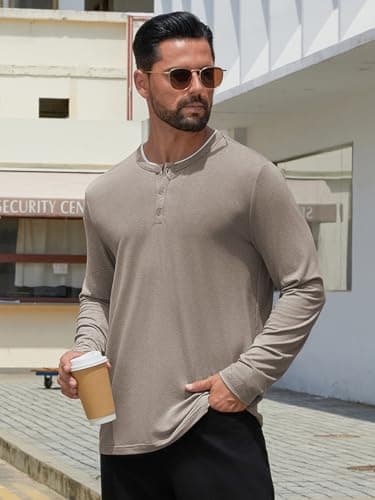 Hardaddy Men's Long Sleeve Henley Shirts Casual Color Block Henley Button T-Shirt Tops Light Khaki XL - Thumbnail 4
