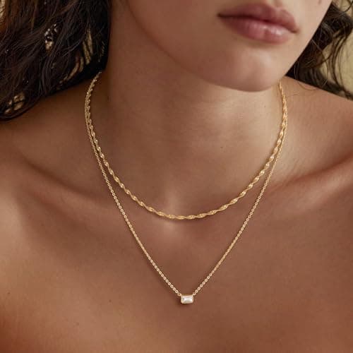 TONTMY STUDIOS Layered Gold Necklace for Women 14K Gold Plated Small CZ Pendant Layering Dainty Gold Necklaces Set Simple Twist Chain Choker Necklace Trendy Jewelry for Women - Thumbnail 2
