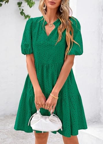 KIRUNDO Eyelet Summer Dresses for Women 2026 Mini Casual Hollow Out Short Sleeve Lace Tiered V Neck Shift Dress Pockets(Dark Green, Small) - Thumbnail 3