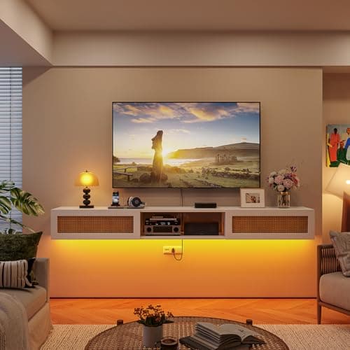 FurniNova 55" Floating TV Stand with Natural Rattan Doors, Boho Wall Mounted Media Console for Up to 65 inch TV, Modern Plyood Entertainment Center with Storage & Cable Management, White - Image 1
