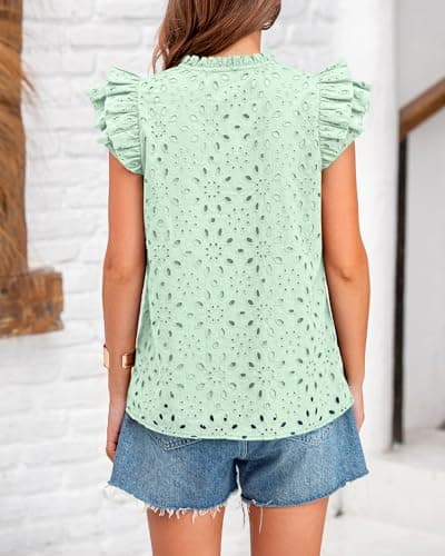 BTFBM Spring Summer Tops for Women 2026 Dressy Casual V Neck Ruffle Cap Sleeve Embroidered Eyelet Blouses Resort Wear(Light Green, Medium) - Thumbnail 3