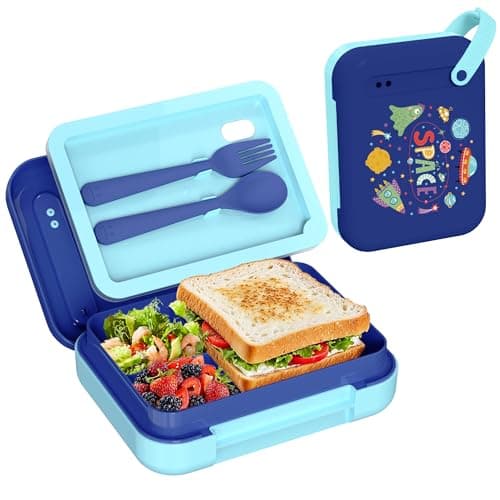 zoomzoobox Kids Bento Lunch Box for Boys & Girls – 4-Compartment Leak-Proof Lunch Container with Hidden Silicone Handle, Lightweight, BPA-Free, 855ml for School & Travel (Space) - Image 1