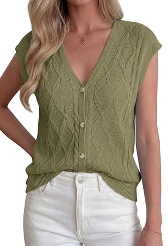 BTFBM Sweater Vest Women V Neck Cap Sleeve Button Down Knit Tops Spring Summer 2026 Loose Lightweight Cardigan Vests(Army Green, Medium) - Image 1
