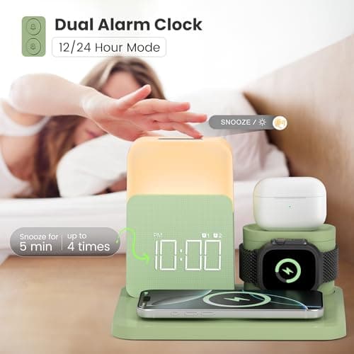 Wireless Charging Station, 7 in 1 Wireless Charger Stand with Dual Alarm Clock, Charging Dock for iPhone 17/16/15/14/13/12/11/Pro/Max/Samsung Phone, Apple Watch 10/9/8/7/6/5/SE, AirPods 4/3/2 - Thumbnail 3