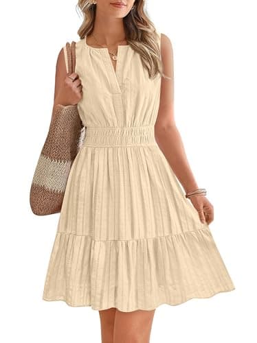 BTFBM Women’s Summer Dresses 2026 Sleeveless V Neck Casual Mini Dress Swing Boho A Line Beach Vacation Sundress Pockets(Beige, X-Large) - Image 1