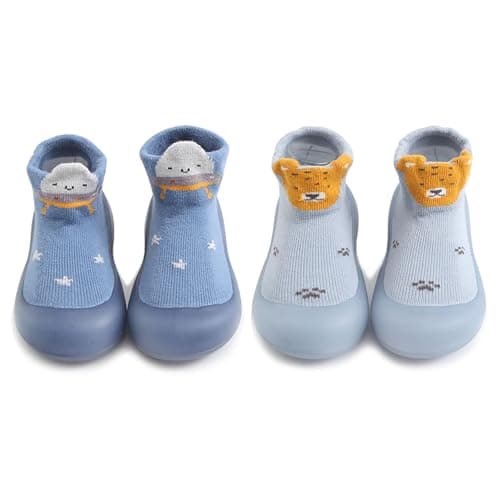 HOVELL 2 Pairs Baby Sock Shoes for Baby Boys Toddler Non Slip Walking Shoes Soft Rubber Sole Infant Floor Slip on Slipper Sneakers (Blue Cartoon,2-3Y) - Image 1