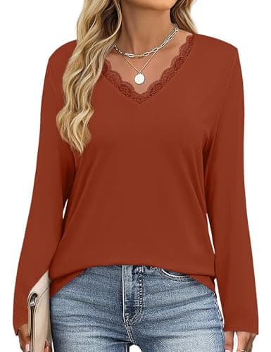 JUSTFASHIONNOW Lace Long Sleeve Tops for Women V Neck T Shirts Business Casual Blouses Cute Tunic Tops Trendy Comfy Tee Winter Outfits 2025 (Caramel,Large) - Thumbnail 4