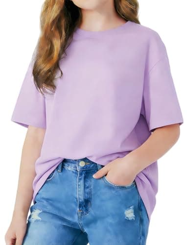 PATPAT Girls Light Purple Short Sleeve T Shirts Size 11-12 Years Oversized Loose Fit Baggy Tops Big Girl Crewneck Summer Casual Basic Tees - Image 1