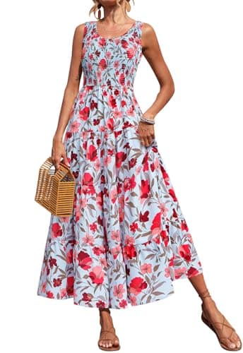 PRETTYGARDEN Floral Summer Dresses for Women 2026 Elegant Classy High Waisted Maxi Dress Sleeveless Smocked Tank Dresses (Blue Red Flower, Medium) - Image 1