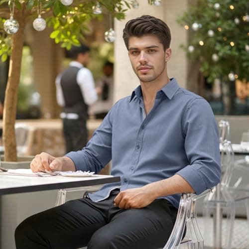 Men's Shirt Casual Stylish Long Sleeve Untucked Button Down Shirt Winter Spring Mens Dress Shirts Blue - Thumbnail 4