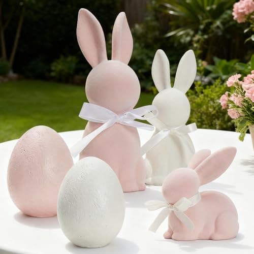 WDS WONDROUS Easter Decorations Set of 5, 3 Flocked Bunny Figurines & 2 Egg Statues, Resin Sculptures Tabletop Decor for Spring Farmhouse Mantel, Pink & White Easter Bunny Gifts, Cute Home Decor - Image 1