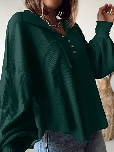 BTFBM Womens Fall Fashion 2026 Long Sleeve Shirts Casual V Neck Ribbed Knit Blouses Pullover Trendy Loose Fit Tunic Tops(Turndown Dark Green, Medium) - Thumbnail 2