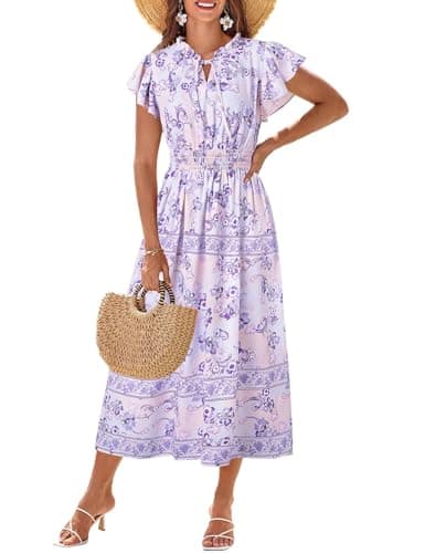GRACE KARIN Women Summer Dresses 2025 Dress V Neck Smocked Ruffle Flowy Boho Maxi Dress Purple Flowers L - Image 1