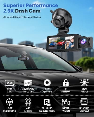 BAEASU Dash Cam Front and Rear 2.5K/1440P, 3 Channel Dash Camera for Cars Dash Cam Front Rear and Inside with 32GB Card, 3.16" IPS Screen, G-Sensor, Loop Recording, Night Vision, Parking Mode - Thumbnail 3