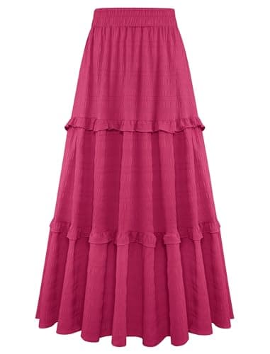 Gracyoga Skirts for Women Trendy Fall Casual High Waisted Flowy Maxi Skirt Spring Loose Tiered Layered Beach Skirts with Pockets Rosered Small - Image 1