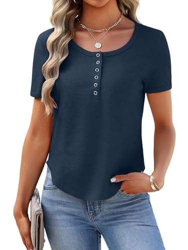 Bellcoco Women's Waffle Knit Tops Short Sleeve Button Henley Shirts Business Casual Blouses Lightweight Summer Top 2026 Navy L - Image 1