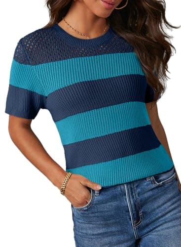 Dokotoo Women's Short Sleeve Tops Casual Striped Color Block Summer Tops for Women Trendy 2026 Knit Shirts for Women Cute Crewneck Tshirt Blouse Blue Large - Image 1