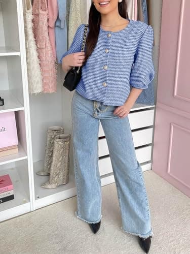 Cicy Bell Womens Cropped Tweed Blazers Puff Short Sleeve Crew Neck Button Business Casual Suit Jackets Blue - Thumbnail 4