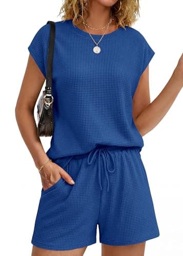 KIRUNDO 2 Piece Sets For Women 2026 Summer Waffle Knit Cap Sleeve Lounge Set Casual Travel Vacation Outfits With Shorts(Blue, Medium) - Image 1