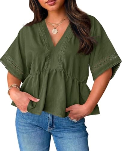Womens Plus Size Babydoll Tops Cute Summer Eyelet V Neck Short Sleeve Blouses Cropped Lace Ruffle Boho Shirts Army Green - Image 1