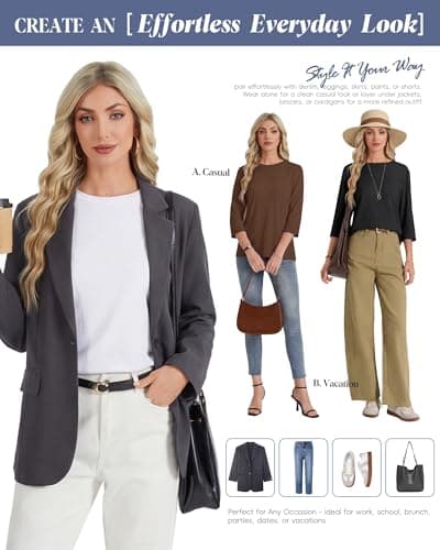 GAYHAY 3 Pack 3/4 Length Sleeve Womens Tops - Casual Crew Neck Summer T Shirts Spring Blouses Black White Brown 2026 - Thumbnail 3