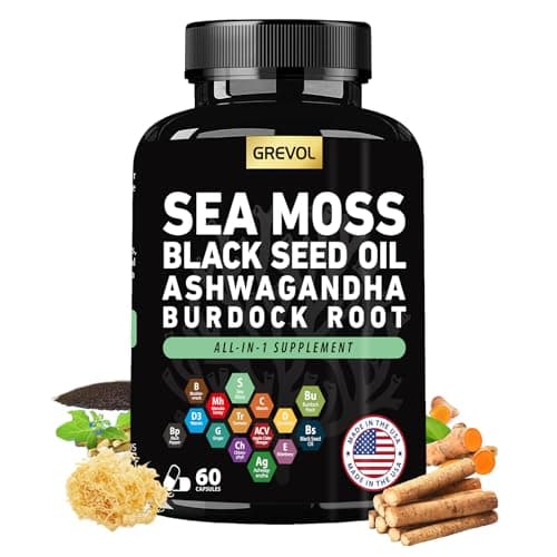 Sea Moss Black Seed Oil Ashwagandha Bladderwrack Burdock Root Turmeric & Vitamin C D3 Elderberry ACV Black Pepper - Multimineral Supplement - 60 Count - Image 1