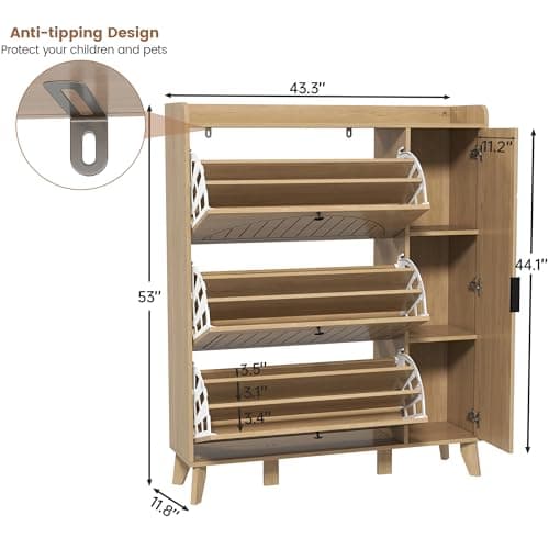 Hadulcet Entryway Shoe Storage Cabinet with 3 Flip Drawers & Mirror, Hidden Shoe Organizer Cabinet with Door & Adjustable Shelves, Freestanding Fluted Arched Panel Design, 9-Tier, Light Wood - Thumbnail 2