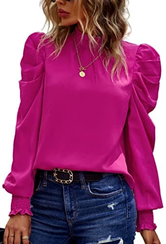 Angashion Womens Tops Casual Crewneck Long Lantern Sleeve Self Tie Blouses Solid Tunic Shirts 2025 Rose Red Small - Image 1