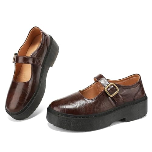 BEAUSEEN Women's Mary Jane Shoes with Platform Sole - Comfort Round Toe Strap Ballet Flats for Women - Chunky Heel Dress Flats Coffee,10 US - Image 1