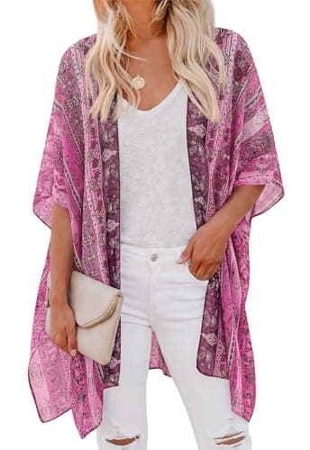 PRETTYGARDEN Swimsuit Coverup for Women Summer Tropical Floral Kimono Cardigans for Women Lightweight Beach Vacation Outfits (Rose Pink Floral, Medium) - Image 1