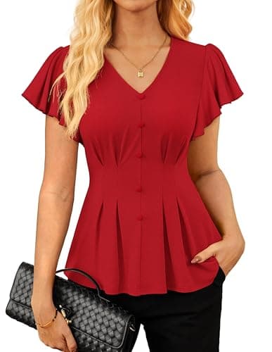 GRACE KARIN Summer Blouses for Women Dressy Casual, 2026 Ruffle Sleeve Peplum Tops, V Neck Business Work Shirts Red S - Image 1