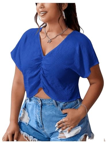 MakeMeChic Women's Plus Size Ruched Front Short Sleeve Shirts Casual V Neck Crop Top Blouse Royal Blue 0XL - Image 1