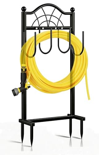SHOMEXTOL Garden Hose Holder,Upgraded Freestanding Hose Holder with 4 Spikes, Heavy Duty Metal Hose Reel,Sturdy Hose Stand Holds up to 100ft Hose for Outside,Yard & Lawn Garden,Black