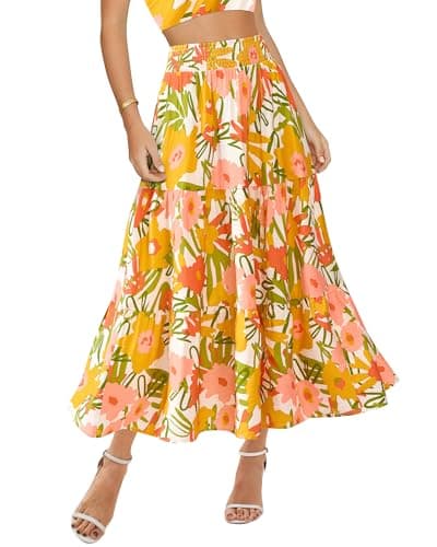 BTFBM Skirts for Women Floral Print Fall Fashion 2026 A Line Elastic High Waist Boho Holiday Maxi Skirt Pockets(Floral White Yellow, X-Large) - Image 1